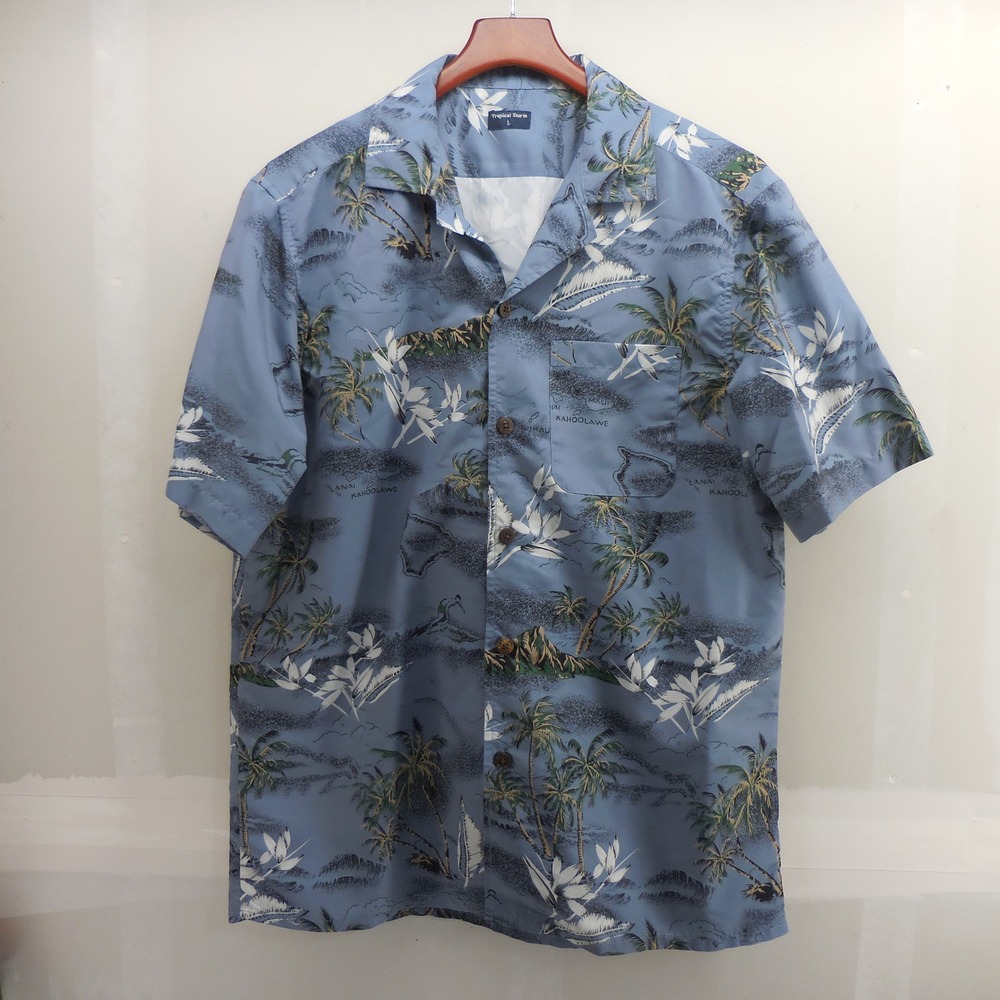Tropical Storm Mens Blue Hawaiian Shirt Palm Tree Sailboat Print Large L